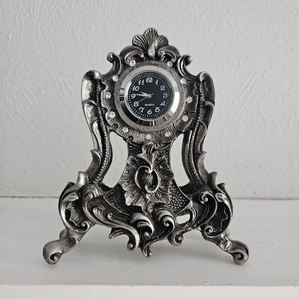 Antique Silver Coated Cast Iron Ornate Rococo Style Clock- Replaced Clock Face